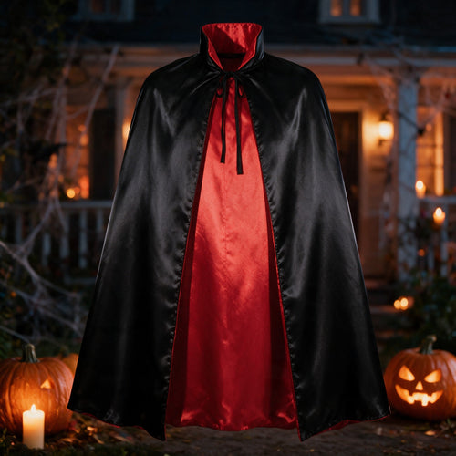 Cape réversible satin rouge et noire à grand col, 152 cm