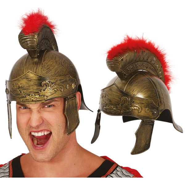 Casque romain noir et or, brosse rouge amovible