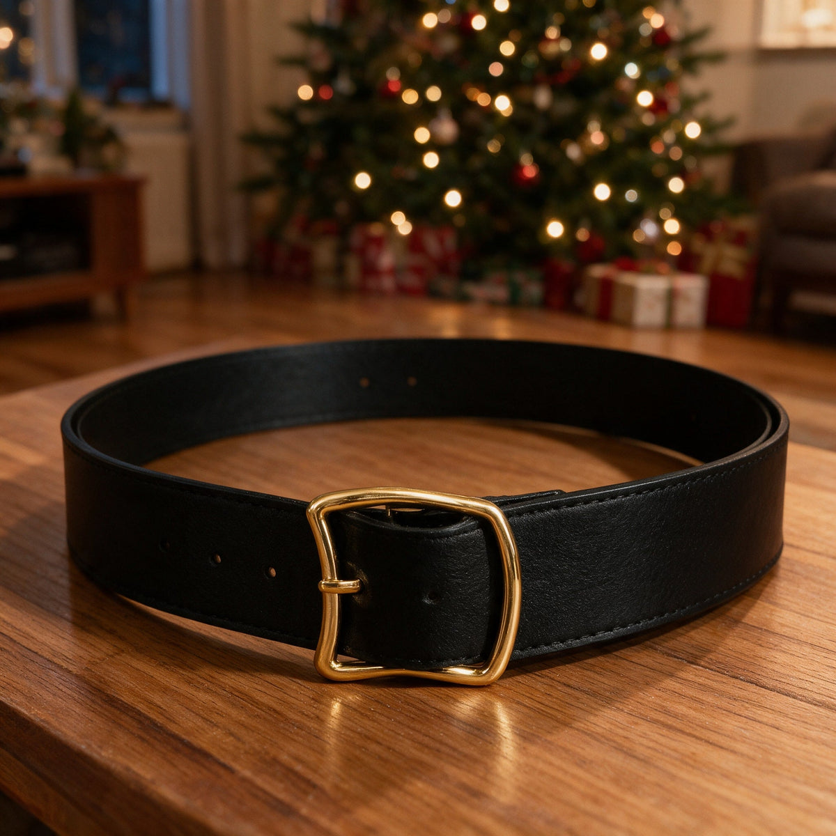 Ceinture noire à grosse boucle dorée, 1,45 m