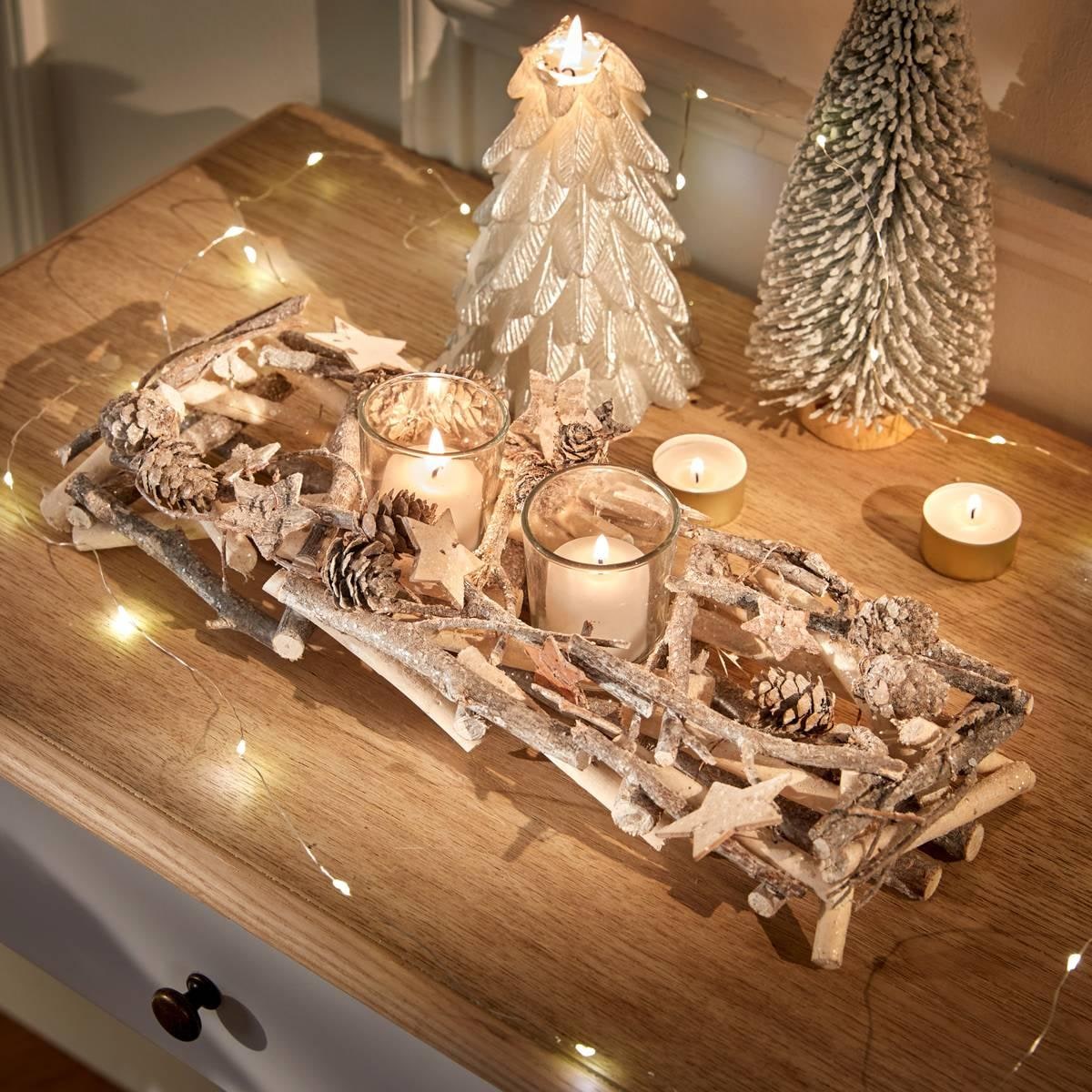 Centre de table bûche en bois, 4 photophores — vue 2