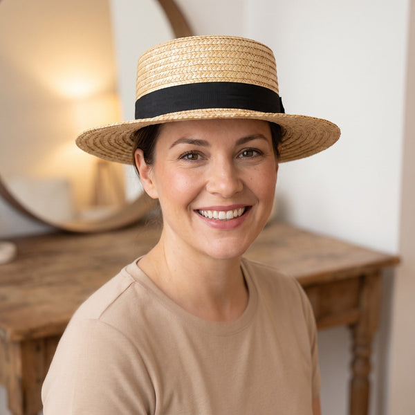 Chapeau canotier en paille tressée, ruban noir