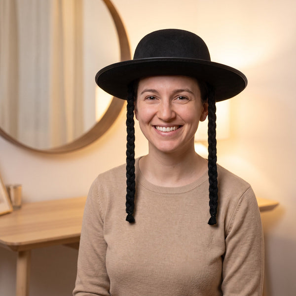 Chapeau de rabbin noir avec tresses, feutrine rigide