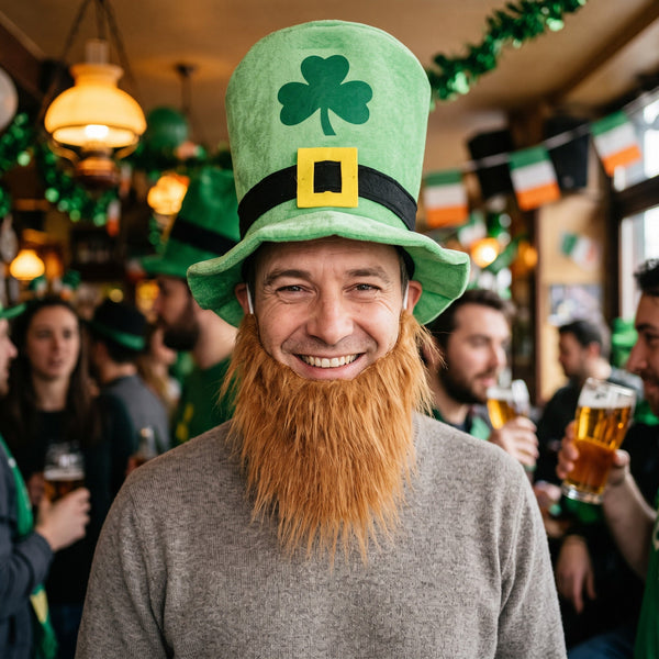 Chapeau haut de forme vert Saint-Patrick et barbe rousse