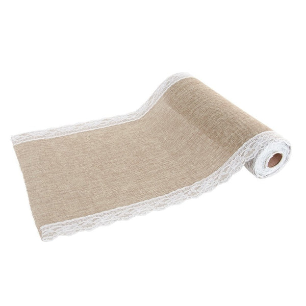 Chemin de table en jute bordé de dentelle, 29 cm x 5 m