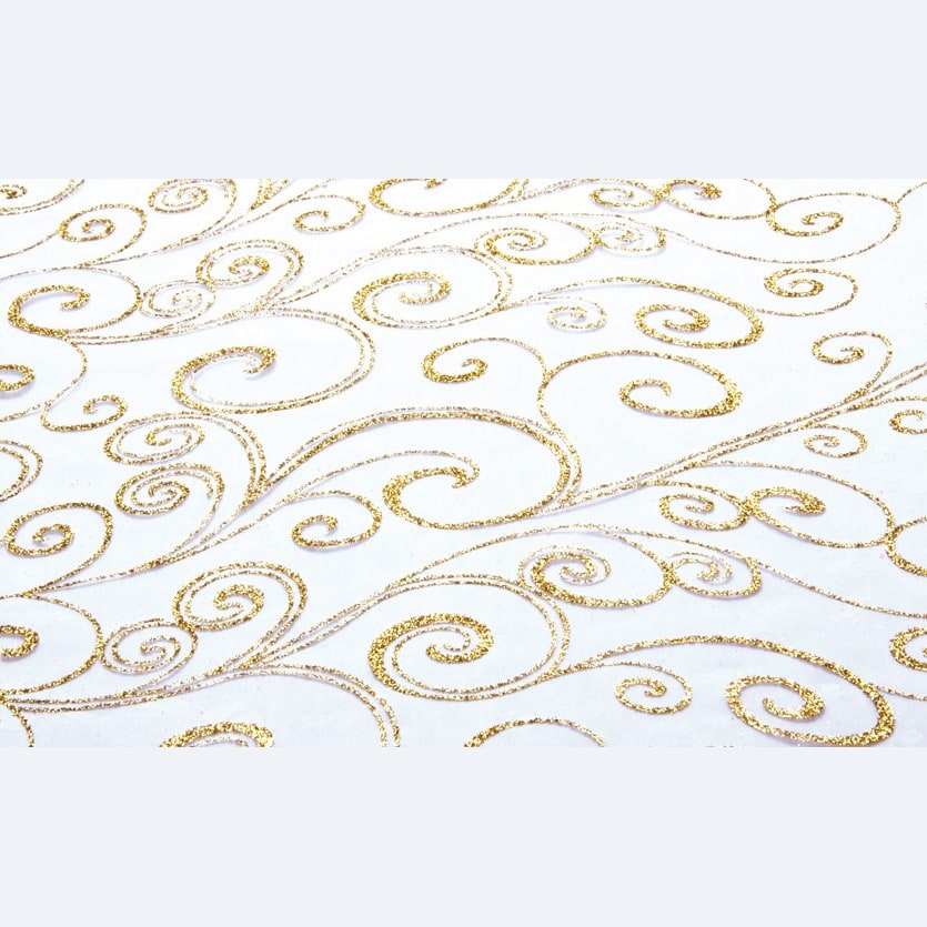 Chemin de table organza à arabesques, 5 m — Blanc et or