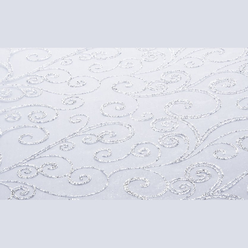 Chemin de table organza à arabesques, 5 m — Blanc et argent