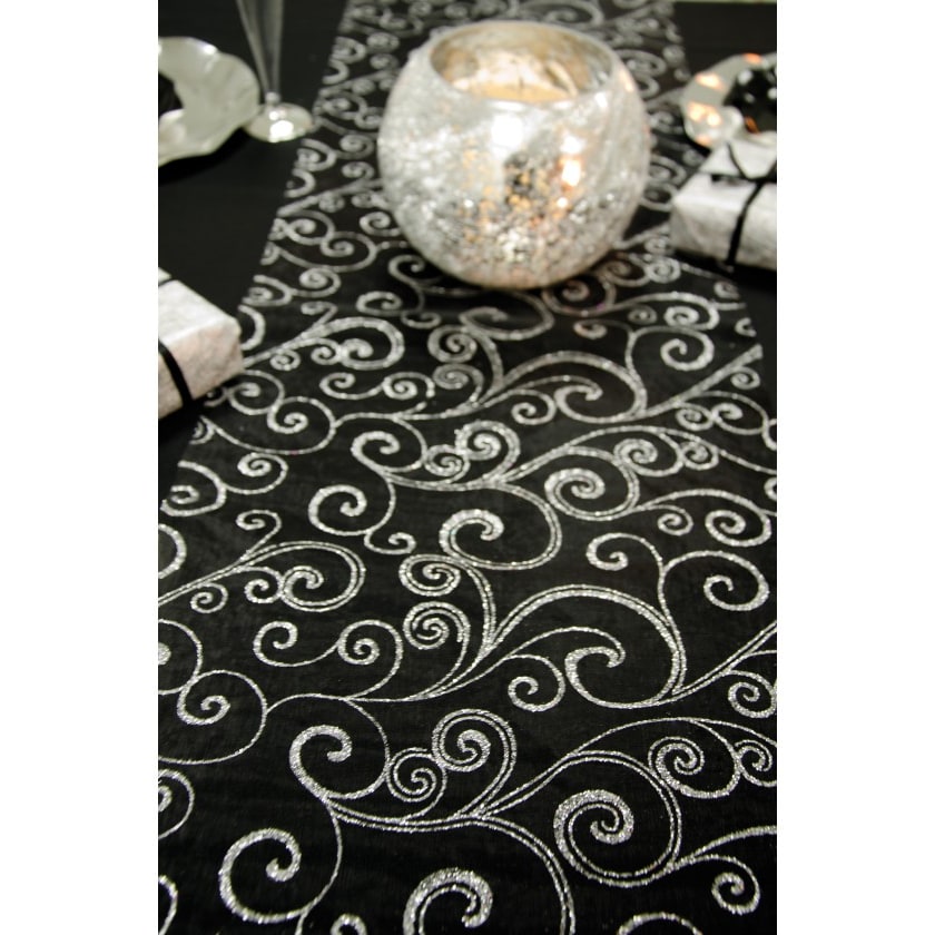 Chemin de table organza à arabesques, 5 m — Noir et argent (vue 2)