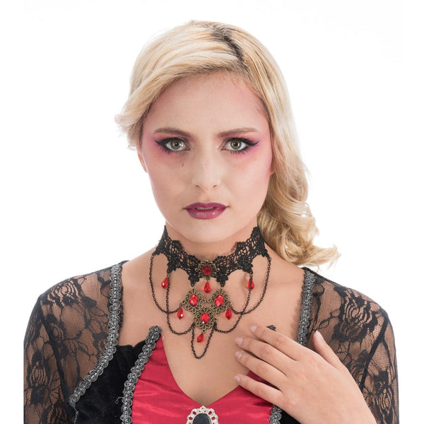 Collier ras de cou dentelle et perles rouges