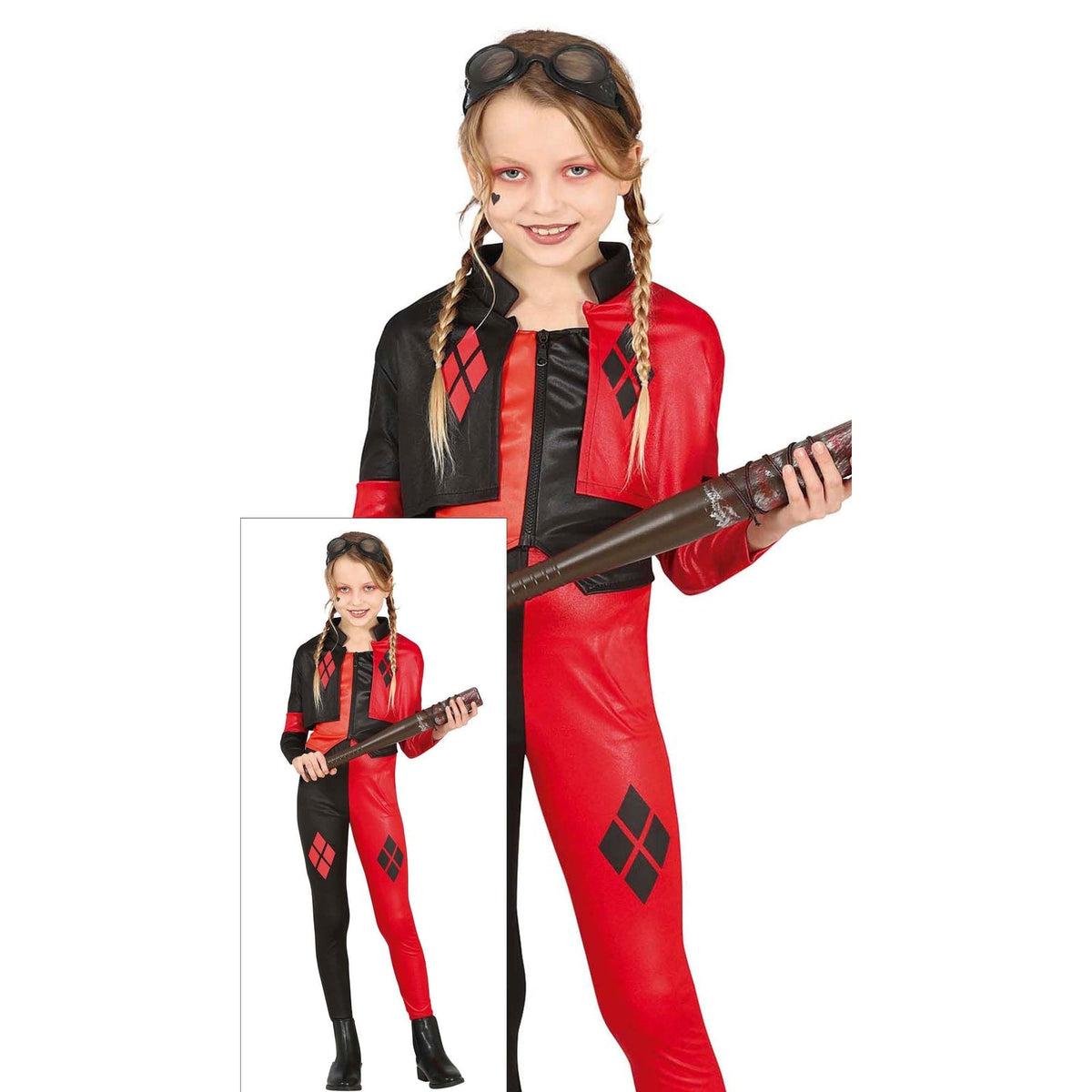 Costume d'arlequine rebelle rouge et noir, fille