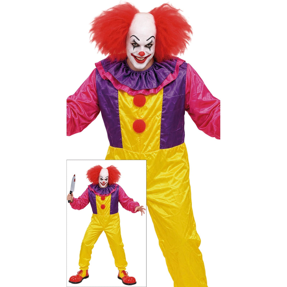 Costume de clown de cirque violet et jaune, adulte