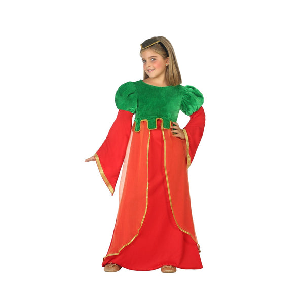 Costume de damoiselle médiévale rouge et vert, fille