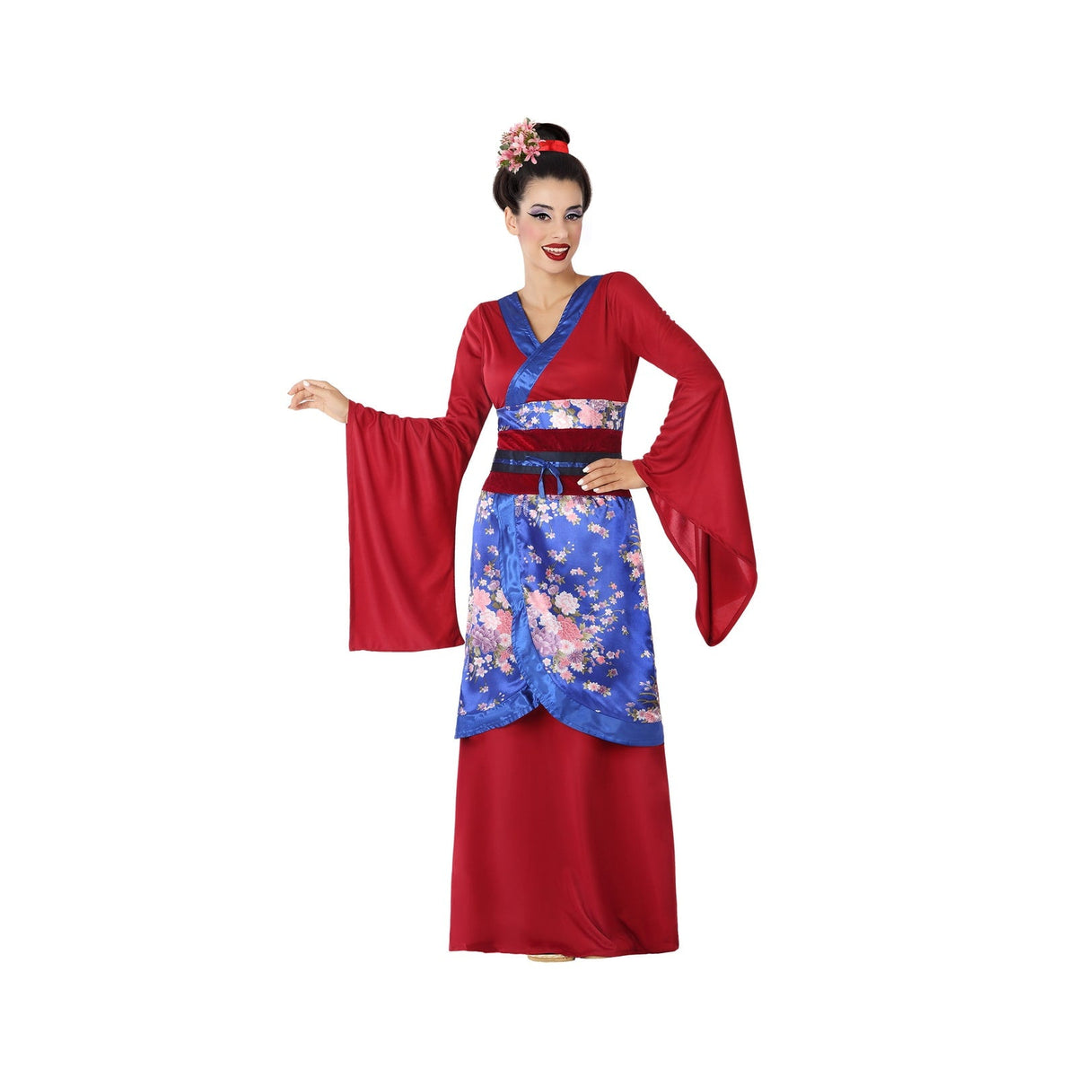 Costume de geisha à kimono fleuri bleu, femme