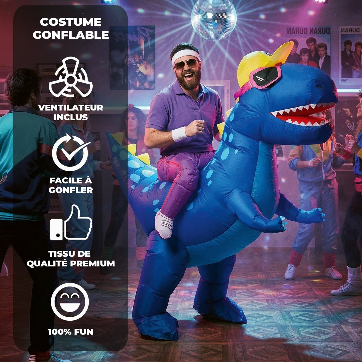 Costume gonflable chevaucheur de dinosaure bleu, adulte — vue 3