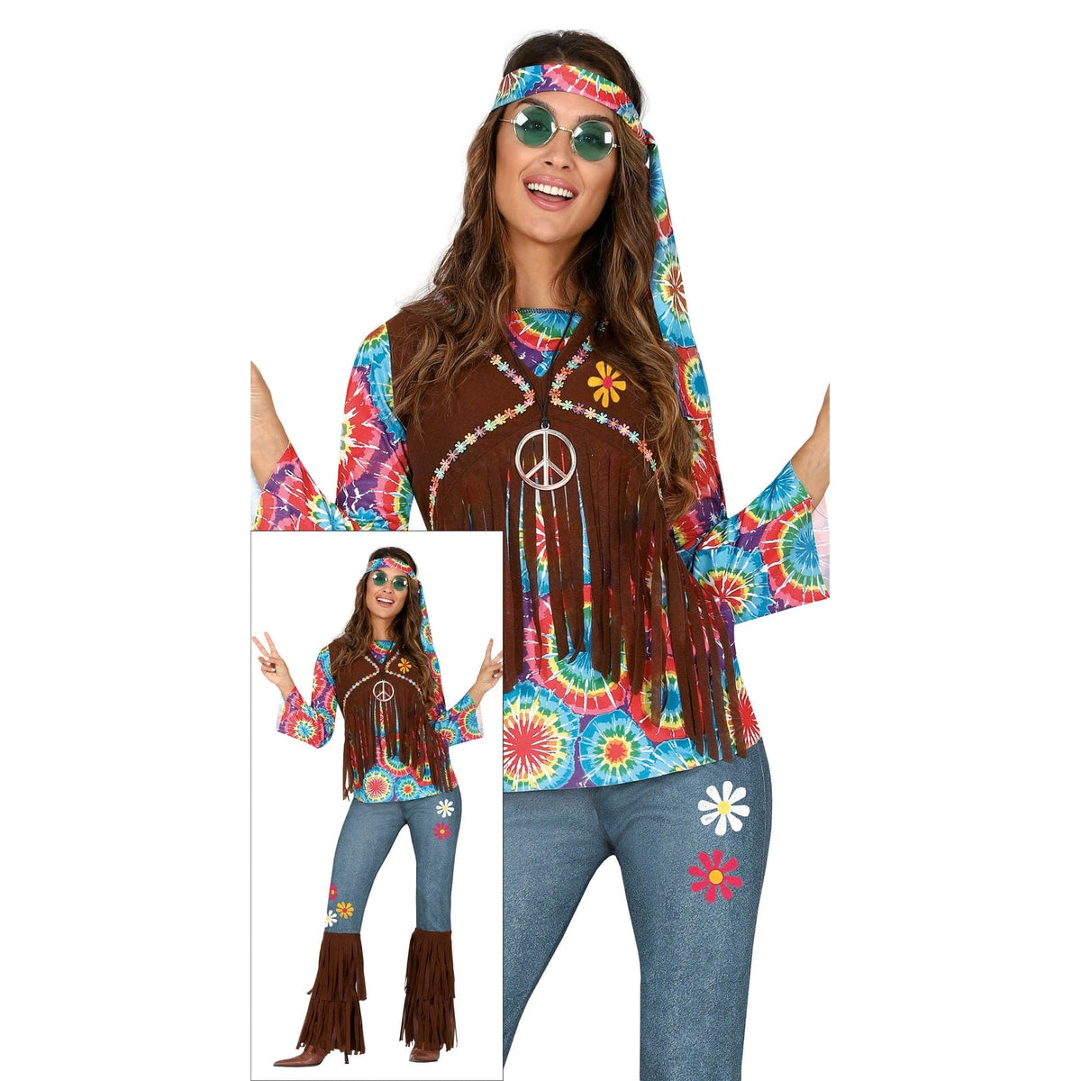 Costume hippie femme avec pantalon à franges, taille S