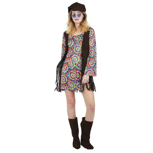 Costume de hippie, robe à fleurs et gilet, femme