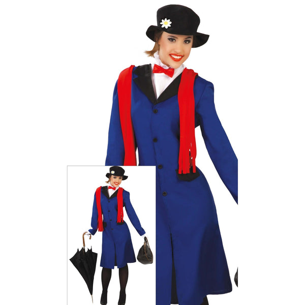 Costume de nounou anglaise au manteau bleu, femme