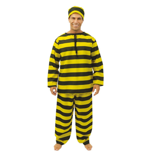 Costume de prisonnier rayé jaune et noir, adulte