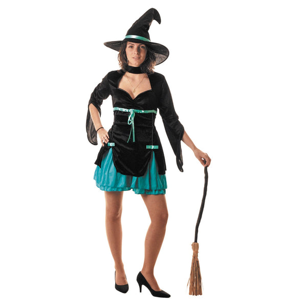 Costume de sorcière courte turquoise et noir, femme