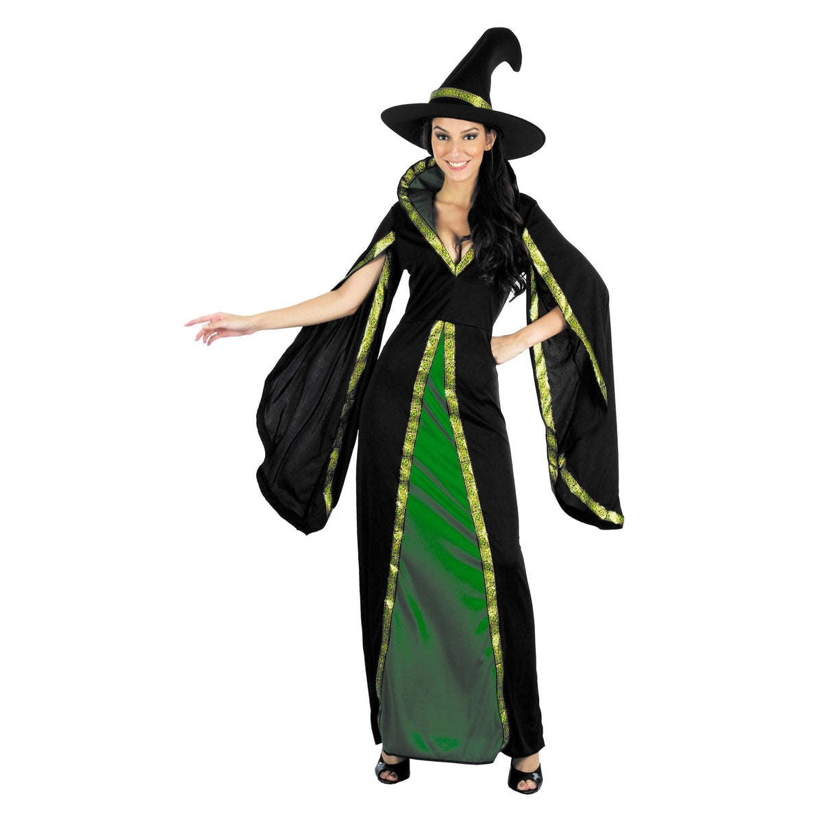 Costume de sorcière luxe noir et vert, femme