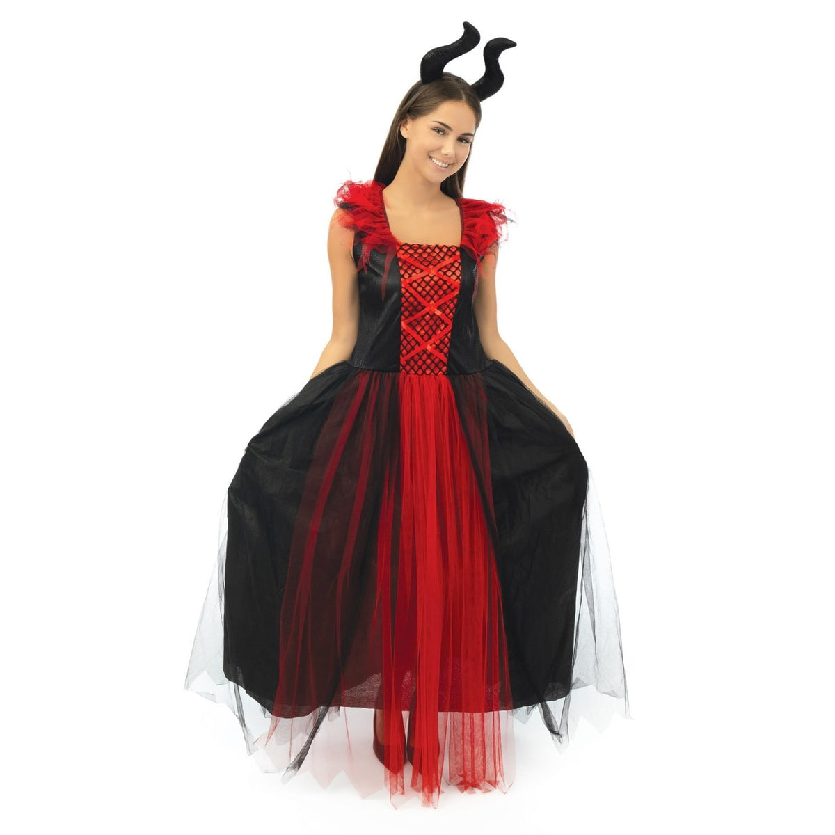 Costume de sorcière maléfique noir et rouge, femme