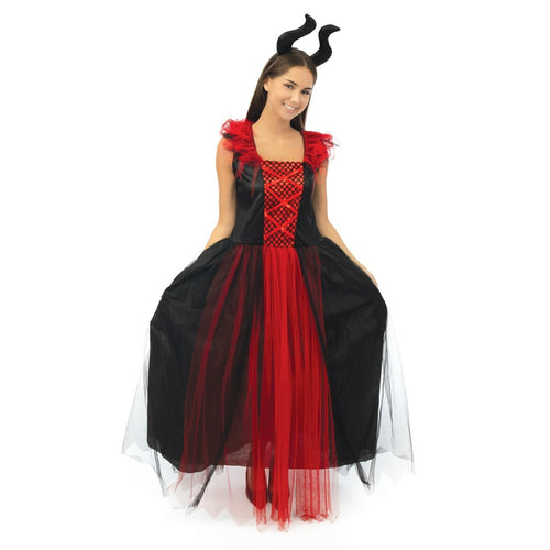 Costume de sorcière maléfique noir et rouge, femme