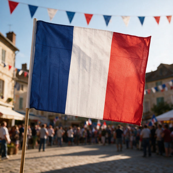 Drapeau tricolore 30 x 45 cm sur hampe en bois 60 cm