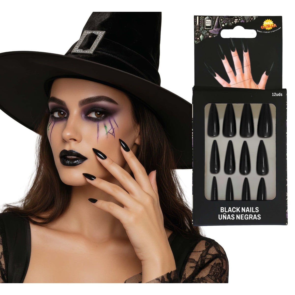 Faux ongles de sorcière longs noirs, lot de 10