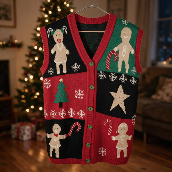 Gilet de Noël sans manches rouge, noir et vert