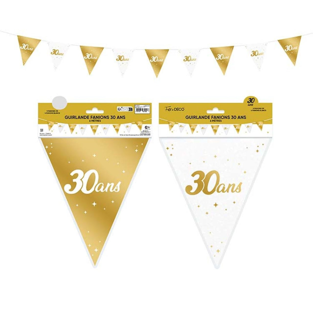 Guirlande fanions anniversaire or et blanc, 6 m — vue 2