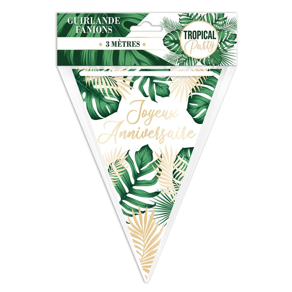Guirlande fanions Joyeux anniversaire tropical, 3 m