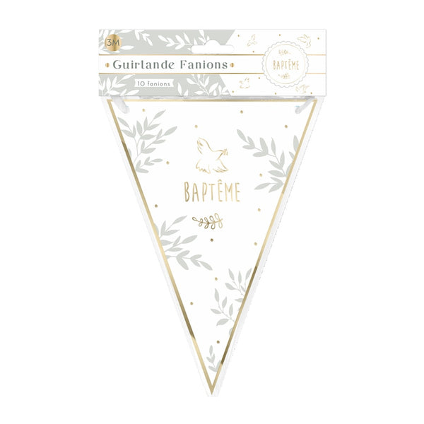 Guirlande fanions Baptême, blanc et argent, 3 m