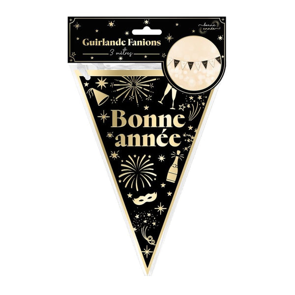 Guirlande fanions « Bonne année », noir et or, 3 m