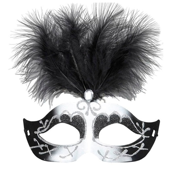 Loup vénitien noir et blanc à plumes