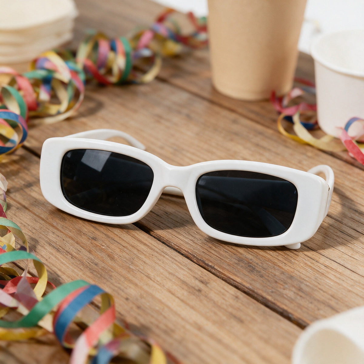 Lunettes blanches à verres noirs, style années 70