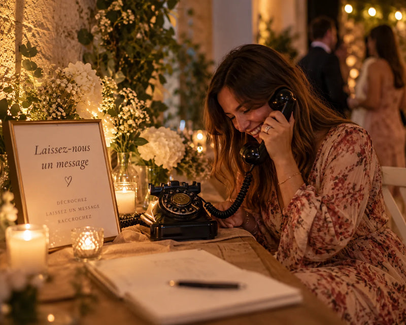Une invitée sourit en laissant un message vocal sur le téléphone du livre d'or audio