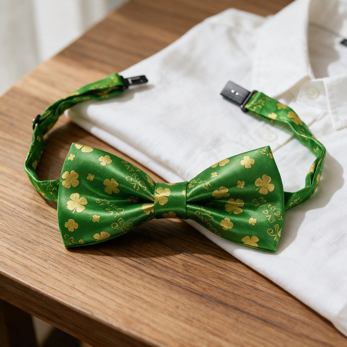 Nœud papillon vert Saint-Patrick à trèfles dorés, 12 cm