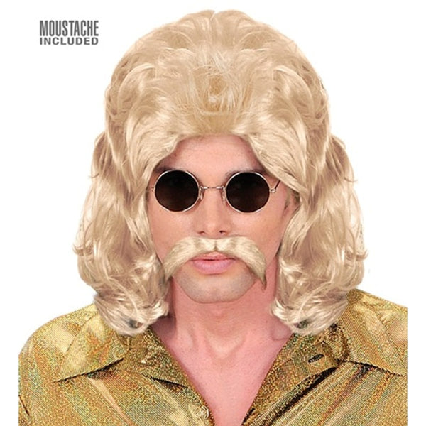Perruque années 70 mi-longue avec moustache assortie