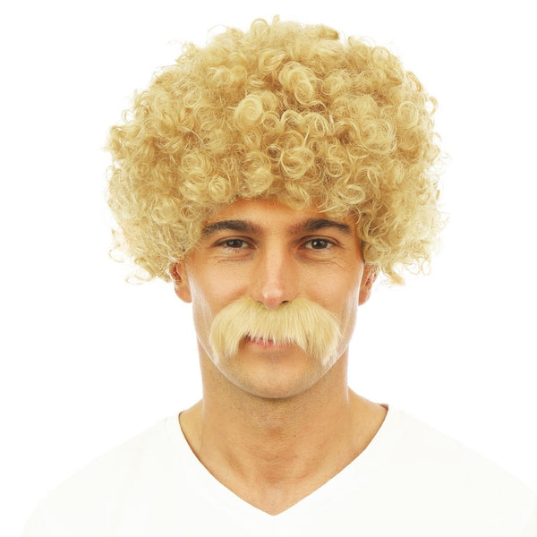 Perruque courte frisée et moustache, blonde
