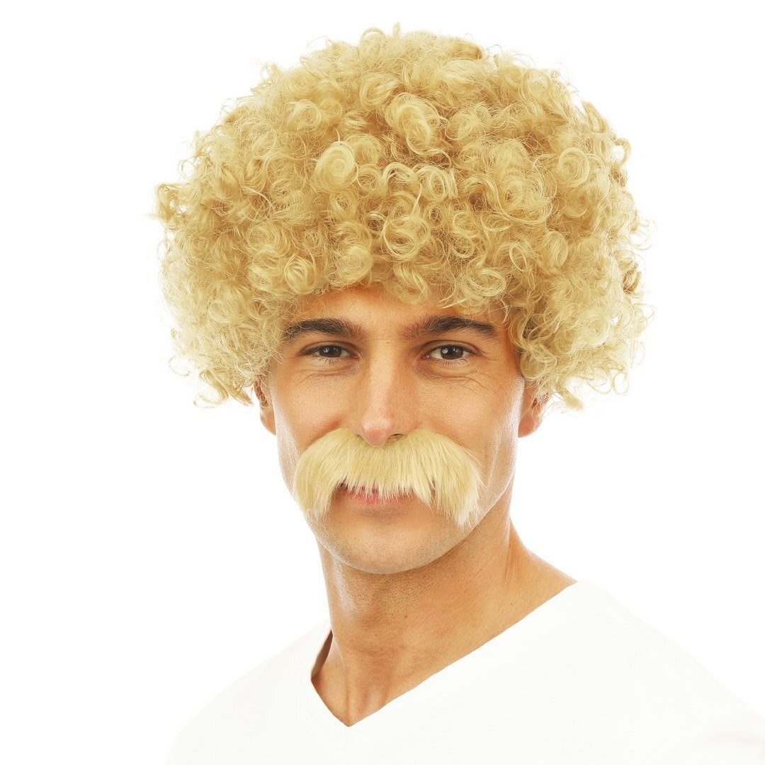 Perruque courte frisée et moustache, blonde — vue 2
