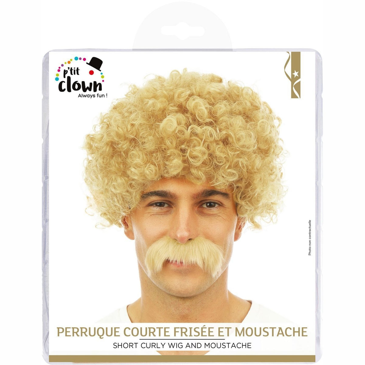 Perruque courte frisée et moustache, blonde — vue 4