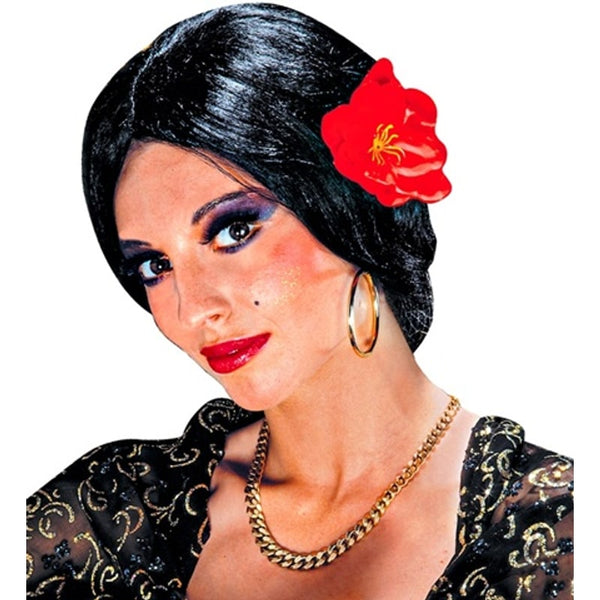 Perruque espagnole noire à chignon bas et fleur rouge