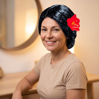 Perruque espagnole noire à chignon bas et fleur rouge