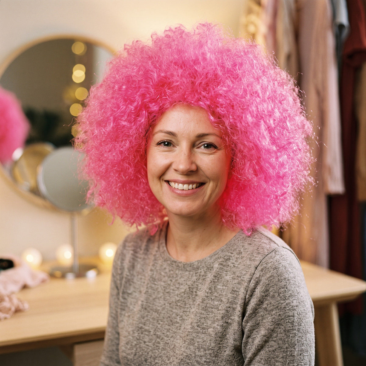 Perruque de fée rose fluo, mi-longue et volumineuse