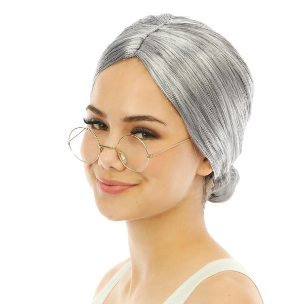 Perruque de grand-mère à chignon, grise