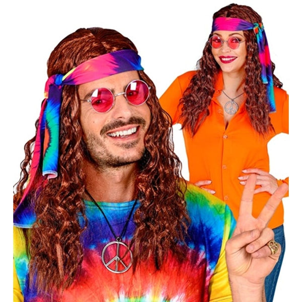 Perruque hippie longue et raide avec bandeau à fleur