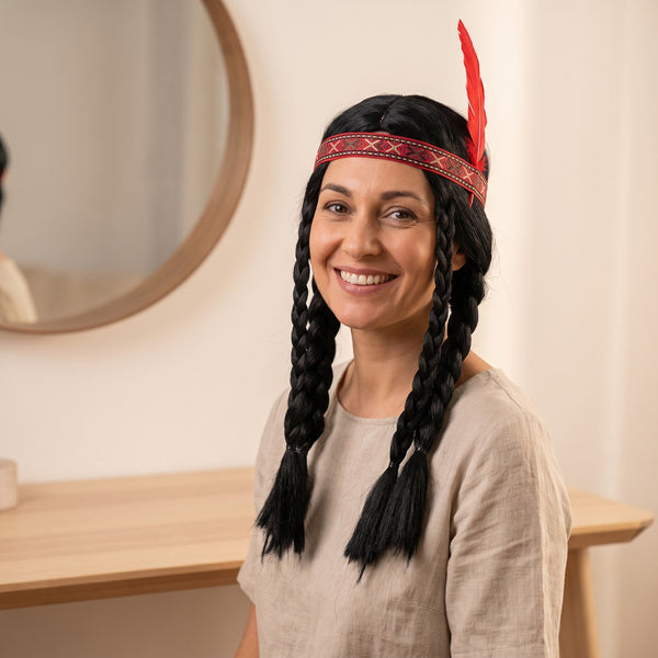 Perruque noire à tresses avec bandeau et plume
