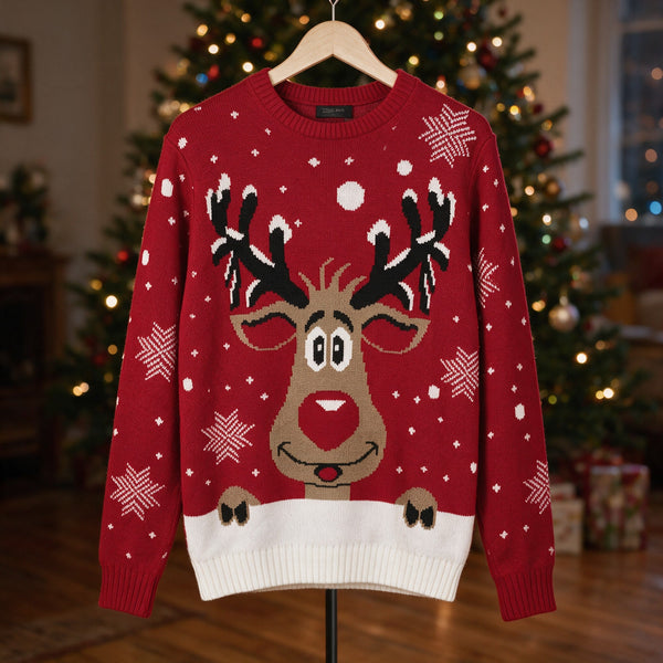 Pull de Noël adulte rouge à tête de cerf