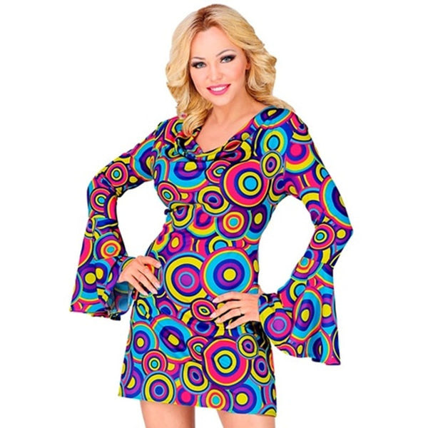 Robe années 70 à bulles bleues, femme