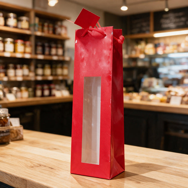 Sac 1 bouteille rouge à fenêtre et poignées cordelette