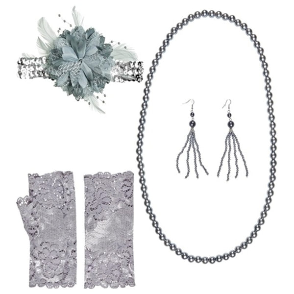 Set charleston années 20, bandeau, collier, boucles et mitaines